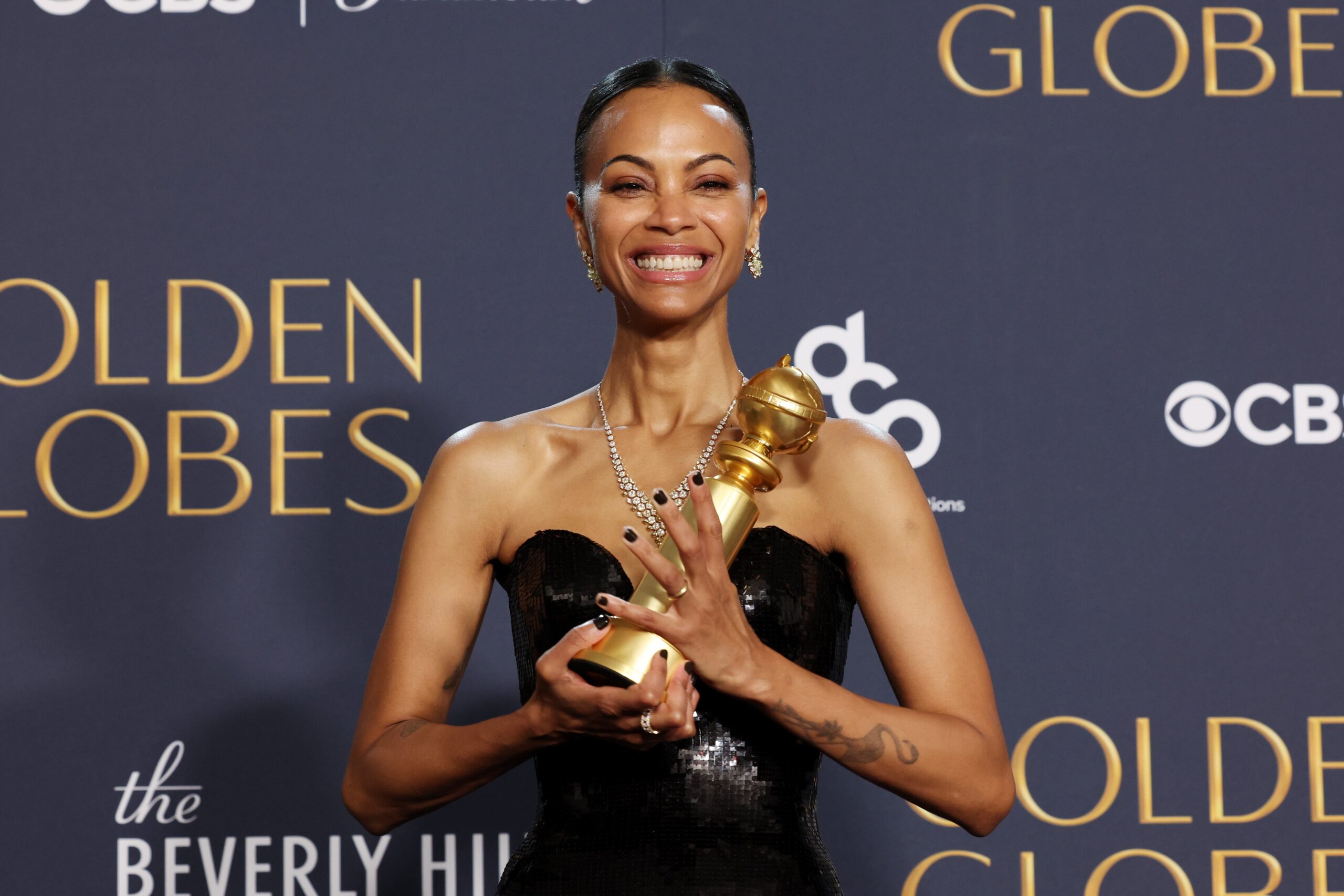 Zoe Saldana poses in the press room during the 82nd Annual Golden Globe Awards at The Beverly Hilton on January 05, 2025 in Beverly Hills, California. Photo: Getty Images Kevin Mazur