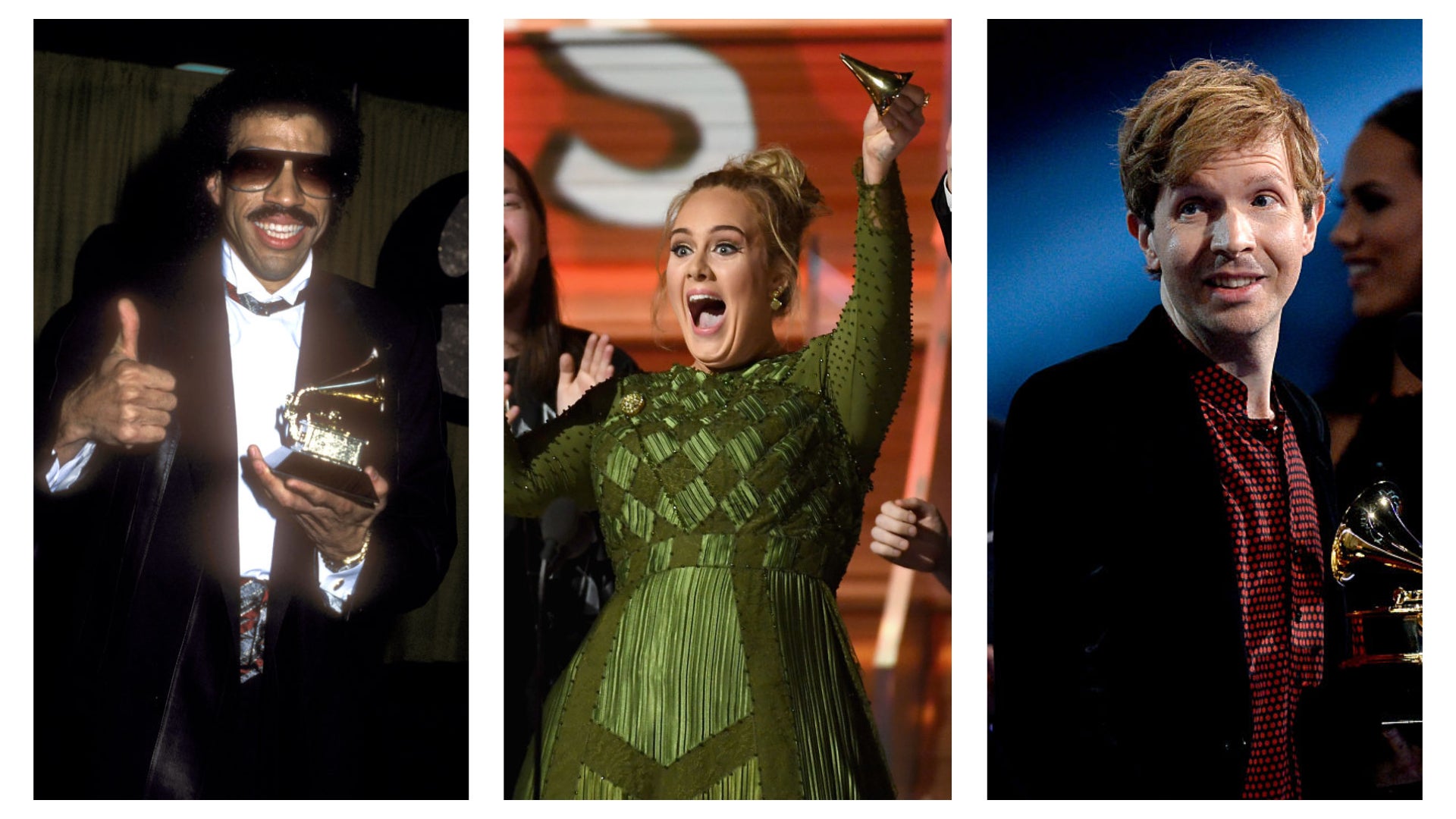 From left: Lionel Richie at the 27th Annual Grammy Awards (Barry King/WireImage), Adele at the 59th Annual Grammy Awards (Kevork Djansezian/Getty Images), Beck at the 57th Annual Grammy Awards (Kevork Djansezian/Getty Images) Graphic: The A.V. Club