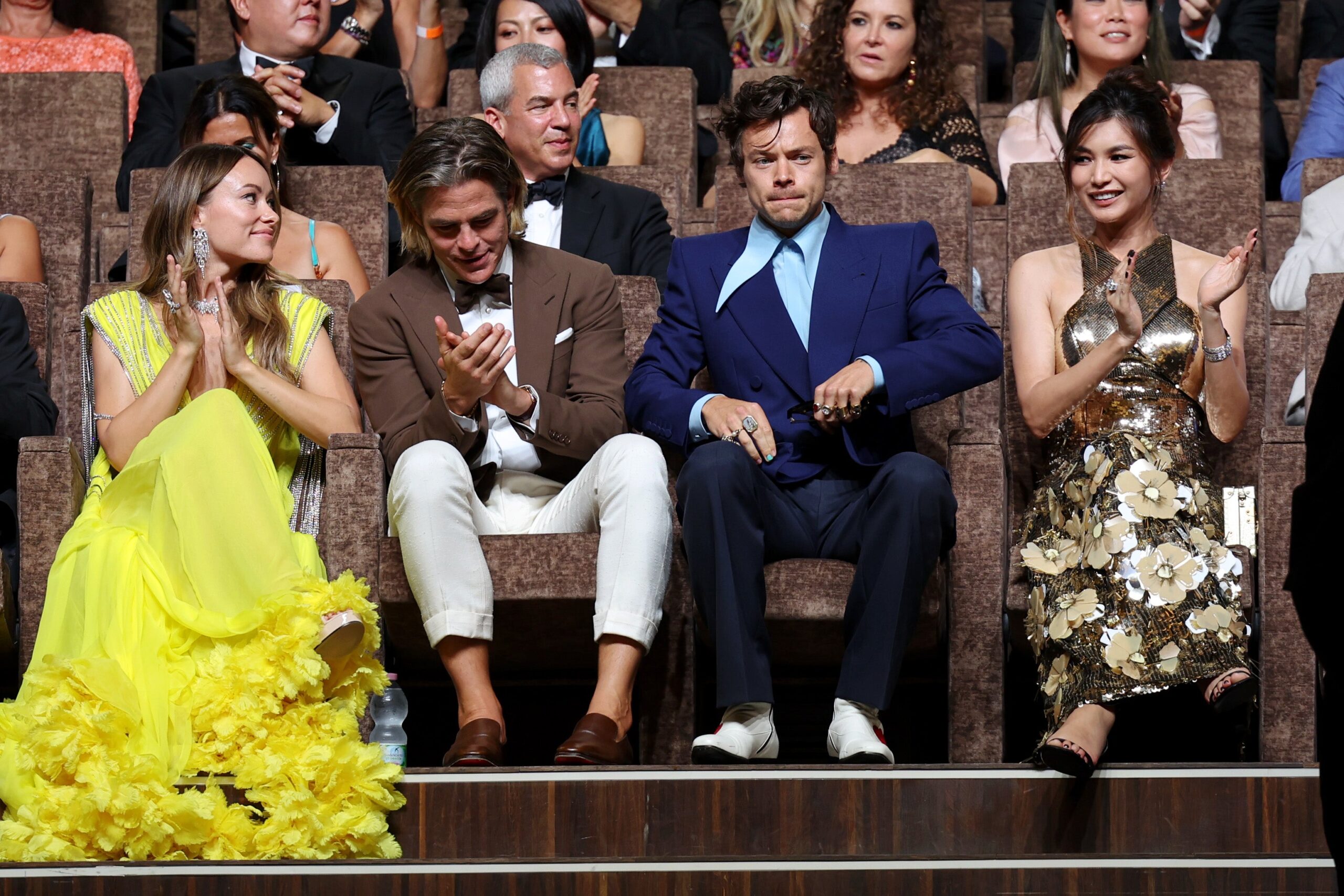 (L-R) Olivia Wilde, Chris Pine, Harry Styles and Gemma Chan attend the Campari Passion For Film 2022 Award during the 79th Venice International Film Festival on August 31, 2022 in Venice, Italy. Photo: Getty Images Vittorio Zunino Celotto