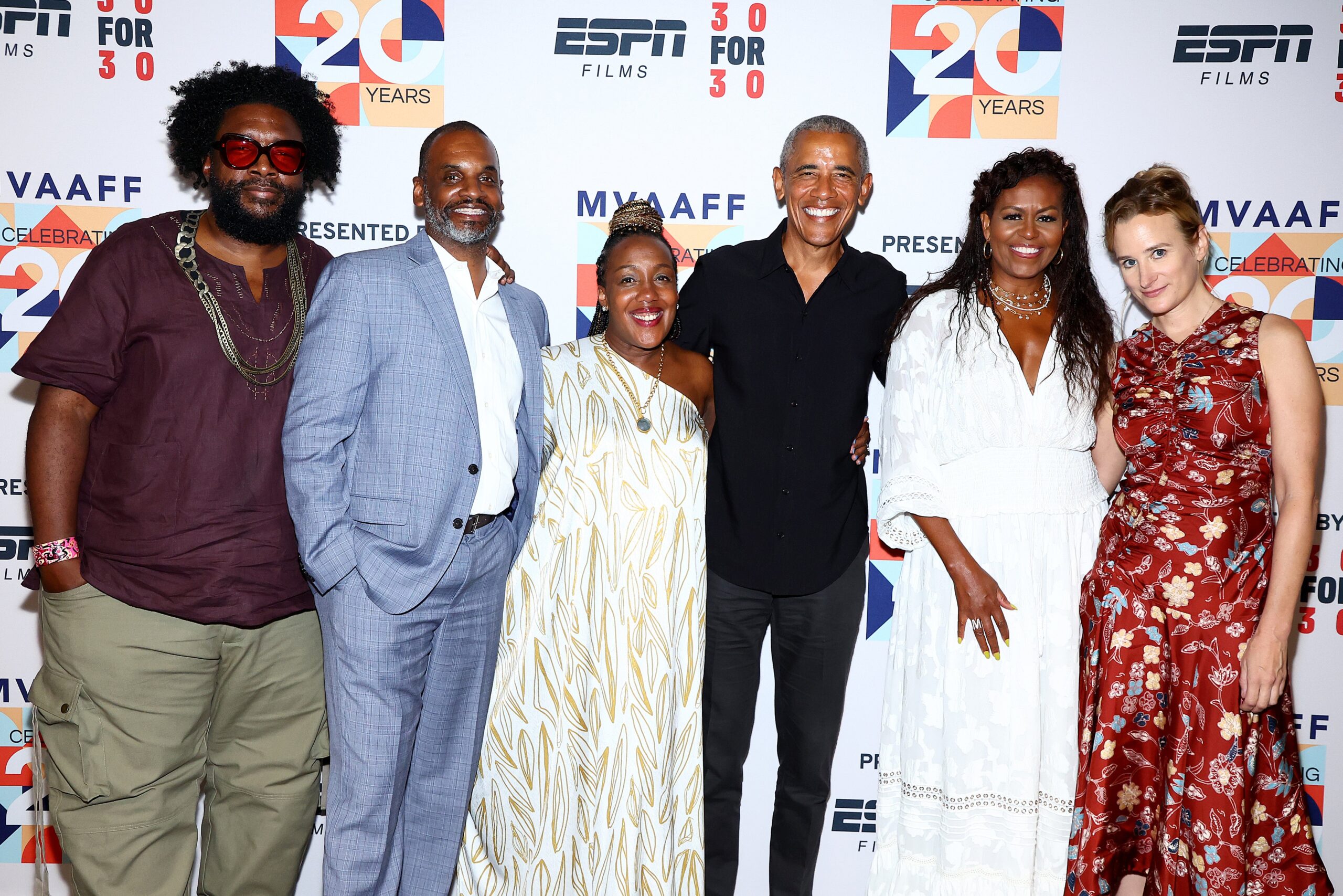 (L-R) Questlove, Floyd Rance, Stephanie T. Rance, Barack Obama, Michelle Obama, and Margaret Brown attend the premiere of Netflix’s Descendant during the Martha’s Vineyard African-American Film Festival at MV Performing Arts Center on August 05, 2022 in Edgartown, Massachusetts. (Photo by Arturo Holmes/Getty Images for Netflix) Photo: Getty Images Arturo Holmes