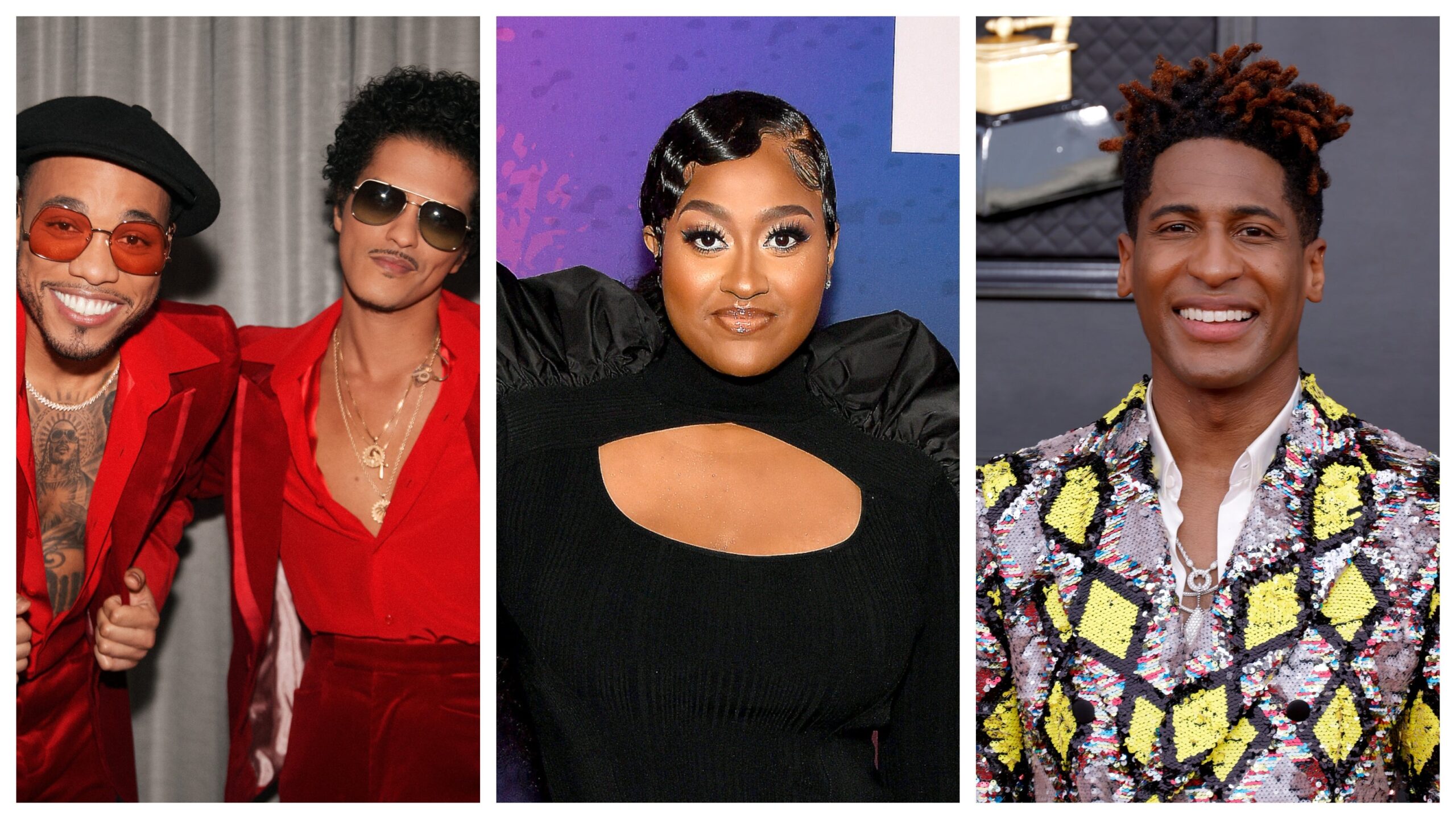 Anderson. Paak and Bruno Mars of Silk Sonic, left; Jazmine Sullivan, and Jon Batiste. Photo: Getty Images John Esparza/y Paras Griffin for BET/Frazer Harrison for The Recording Academy