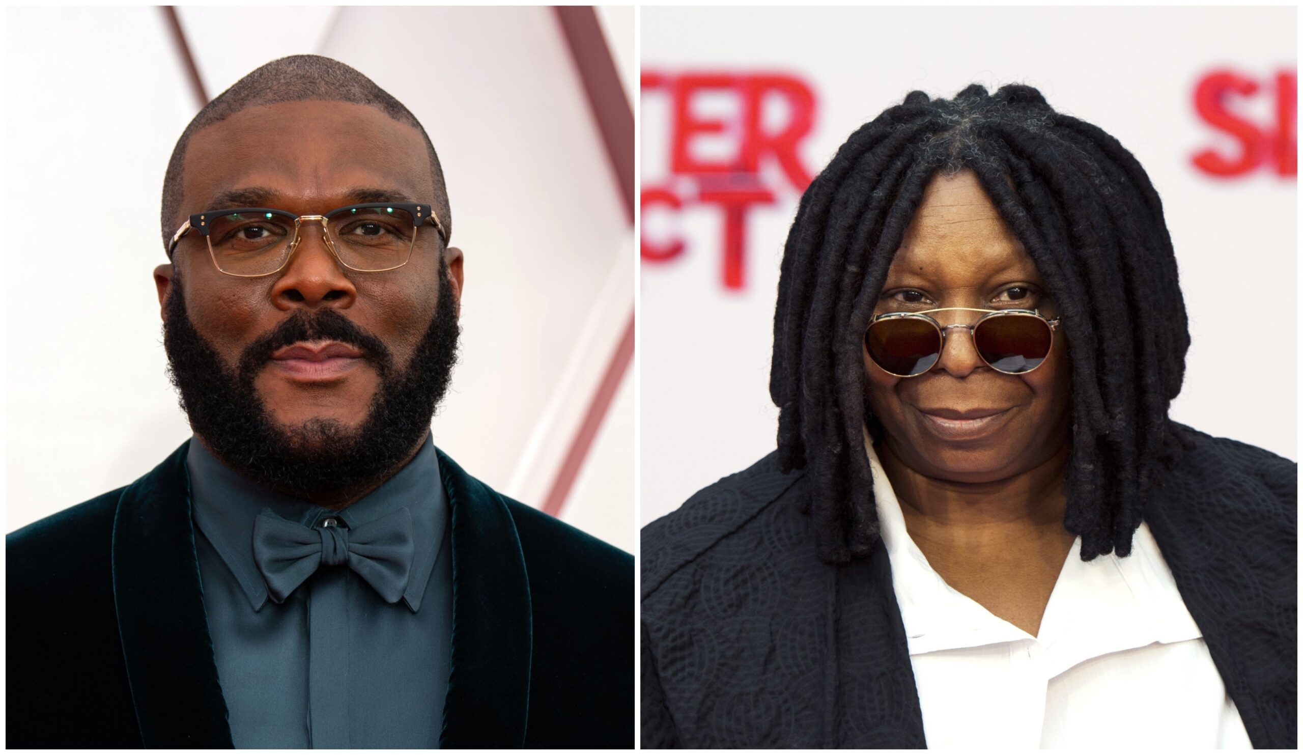 Tyler Perry attends the 93rd Annual Academy Awards on April 25, 2021 in Los Angeles, Calif.; Whoopi Goldberg poses at the premiere of Sister Act in the Fortis Circus theater in the Netherlands on March 3, 2013. Photo: Getty Images Matt Petit/A.M.P.A.S.