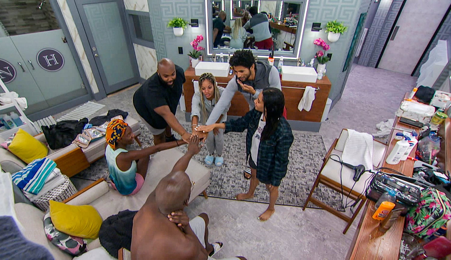 “Big Brother” contestants Azah Awasum, Xavier Prather, Derek Frazier, Hannah Chaddha, Kyland Young, and Tiffany Mitchell put on for the culture. Screenshot: CBS