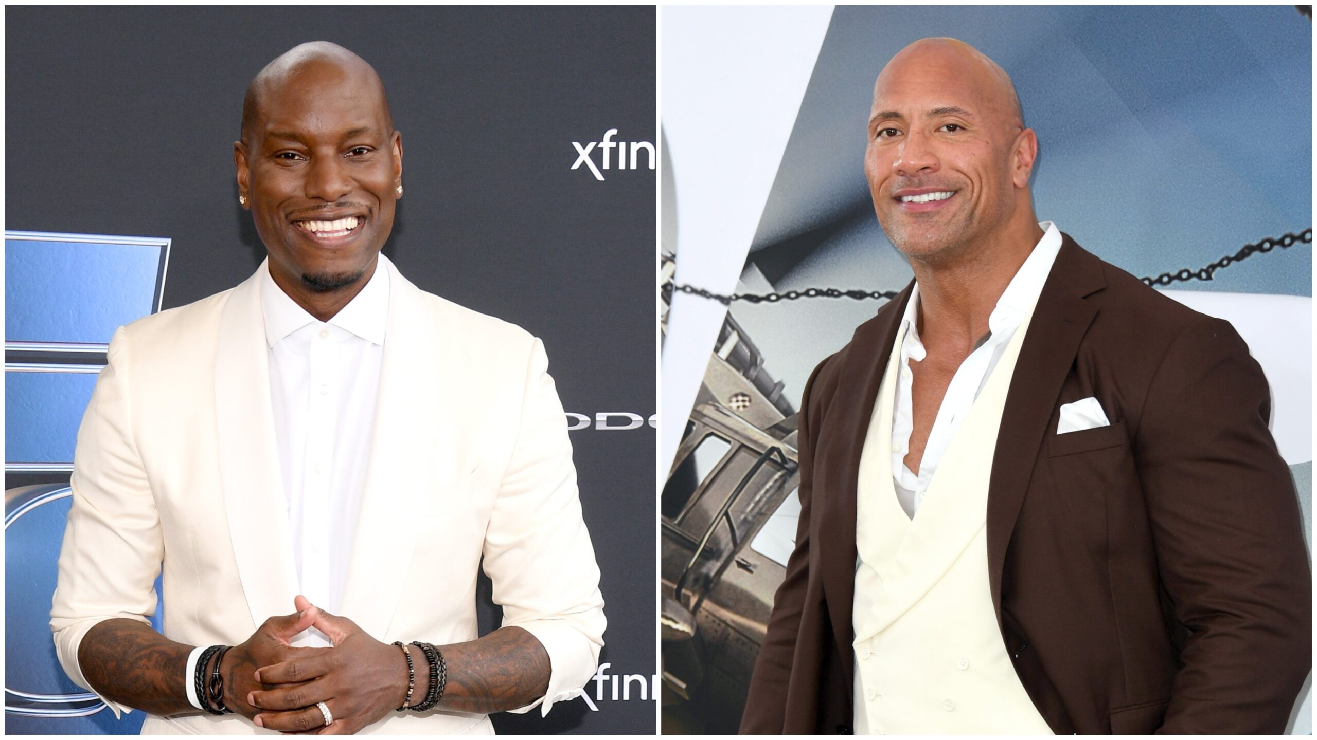 Tyrese Gibson at “The Road to F9" Global Fan Extravaganza on January 31, 2020 in Miami, Florida; Dwayne Johnson attends the premiere of “Fast & Furious Presents: Hobbs & Shaw”on July 13, 2019 in Hollywood, California. Photo: Getty Images Dia Dipasupil/Jon Kopaloff