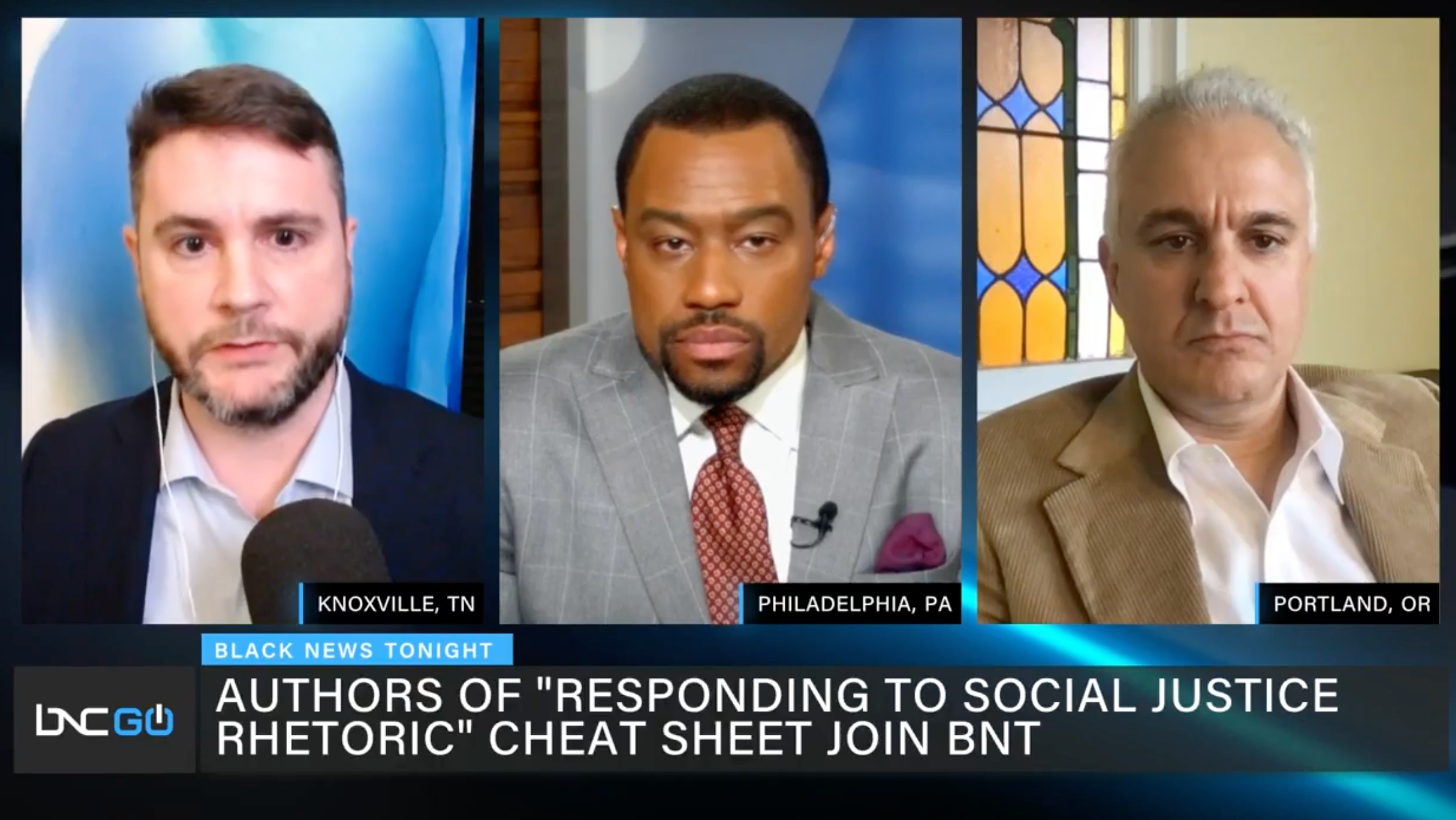 The recently deceased Dr. James Lindsay, left, Father of Draggings Dr. Marc Lamont Hill, and formerly alive person Dr. Peter Boghossian Screenshot: Black News CHannel