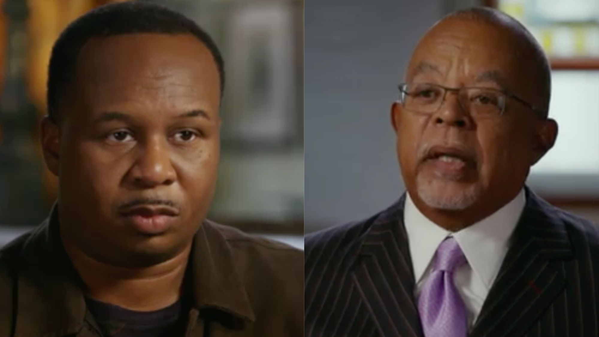 Roy Wood Jr. sits down with Louis Gates Jr. on Season 7 of Finding Your Roots. Screenshot: Courtesy of PBS