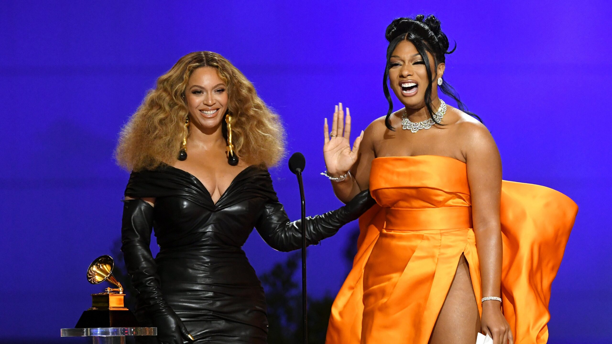 Beyoncé and Megan Thee Stallion accepts the Best Rap Performance award onstage during the 63rd Annual Grammy Awards on March 14, 2021. Photo: Getty Images Kevin Winter/Getty Images for The Recording Academy