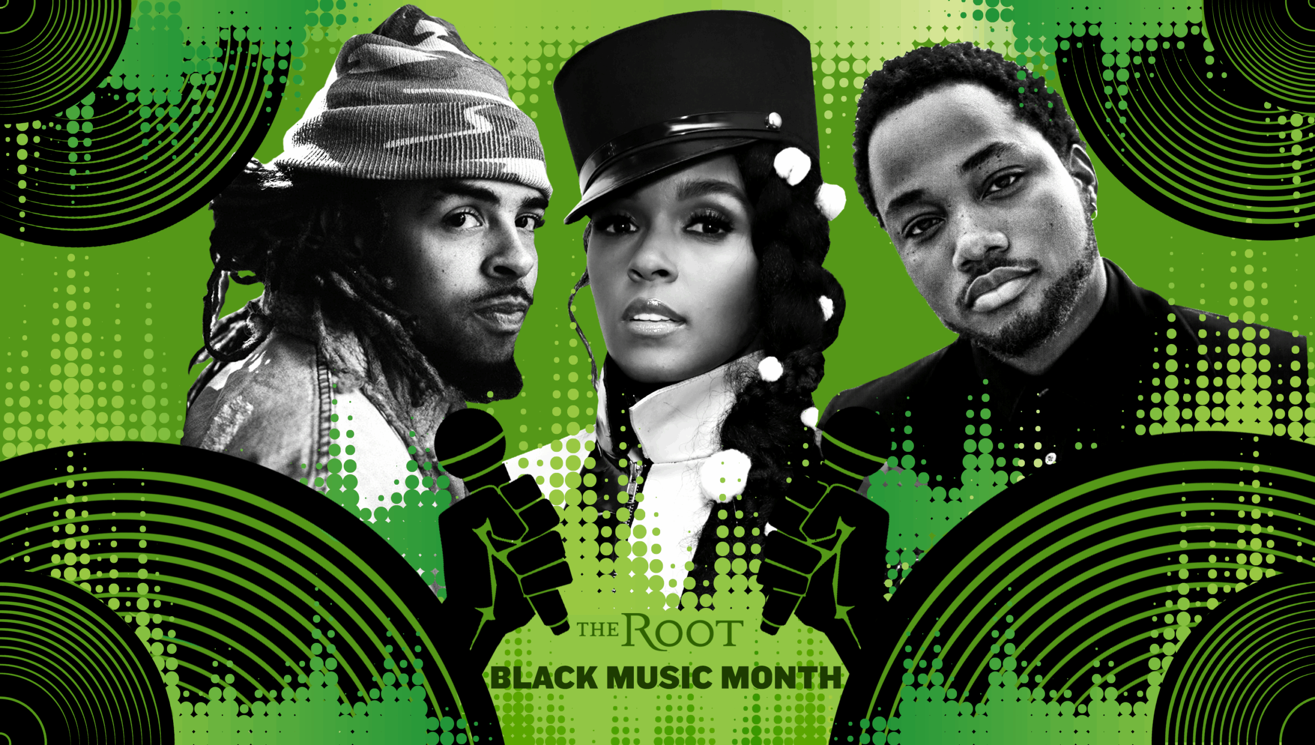 Dee-1, Janelle Monáe and Leon Thomas Graphic: GMG; photos via Sony Music and Getty Images Elena Scotti
